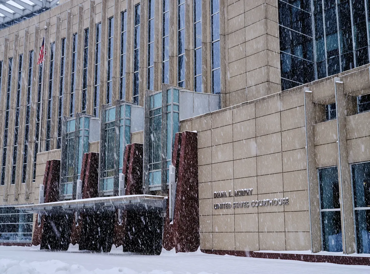 The federal courthouse in Minneapolis in the snow, where the Feeding Our Future cases have been tried
